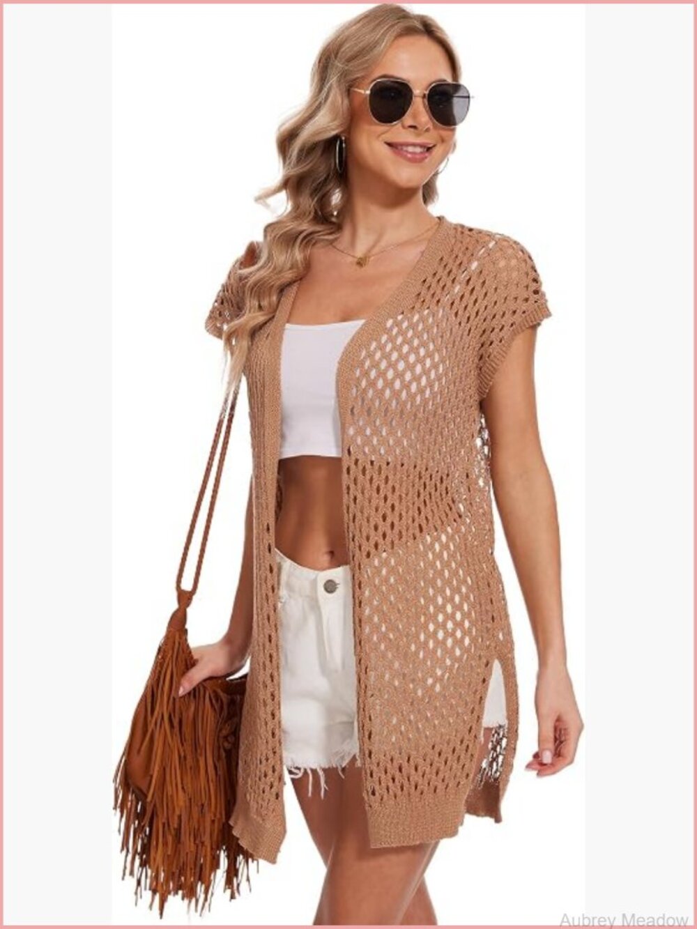 Sleeveless Open Front Hollow Crochet Cardigan Vest Duster